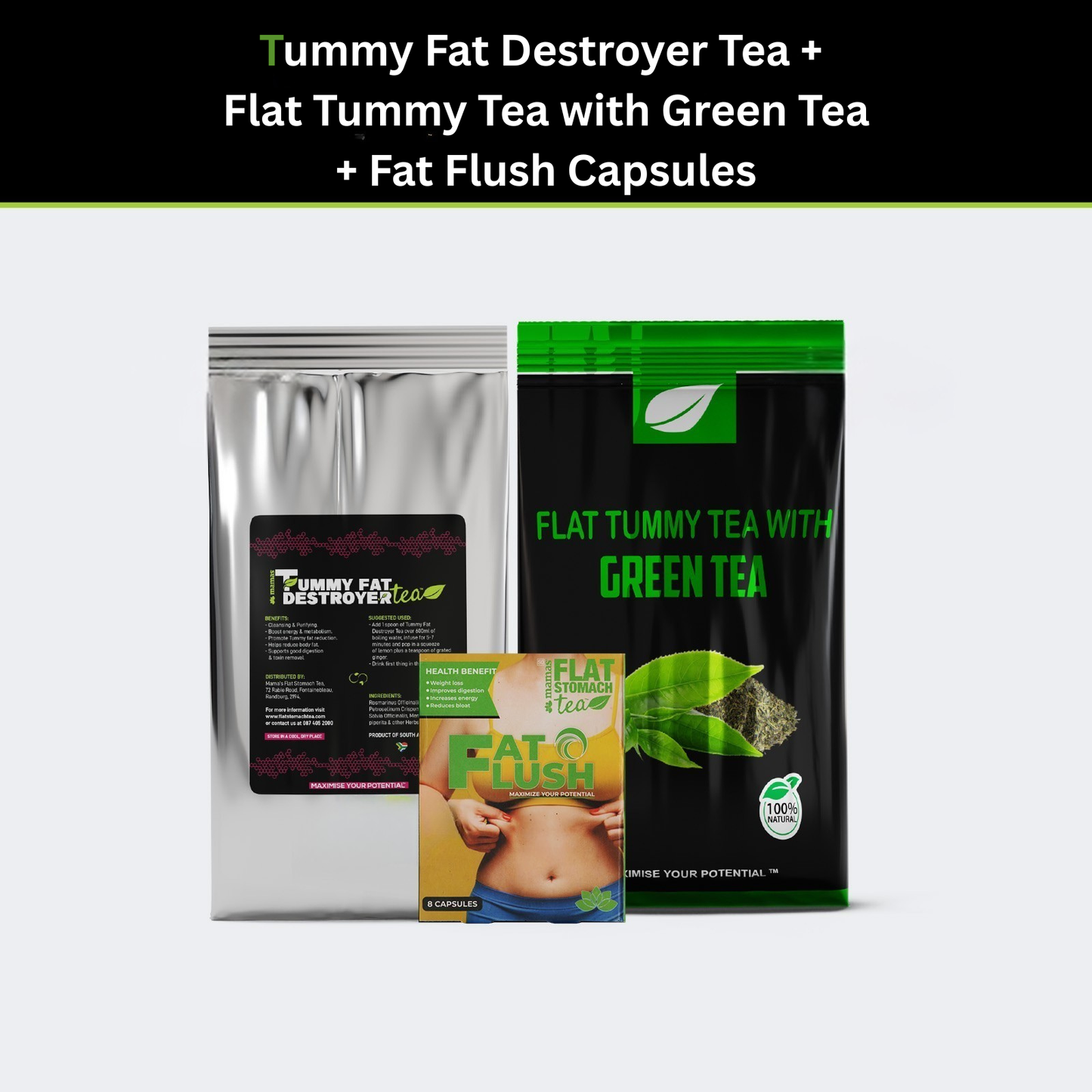 Tummy Fat Destroyer Tea + Flat Tummy Tea with Green Tea + Fat Flush Capsules